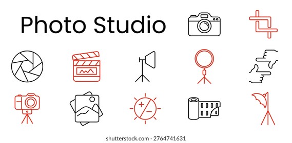 Photo studio set icon. Outline pictograms, camera, crop frame, aperture, clapperboard, light stand, ring light, hand gesture, tripod, photo stack, exposure control, film roll, umbrella light.