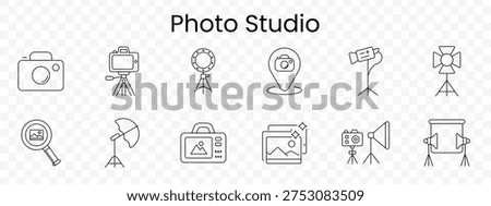 Photo studio set icon. Outline photography equipment, camera body, tripod camera, ring light, location pin camera, video light, studio lamp, magnifier photo, umbrella light, photo printer