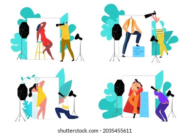 Photo studio set, vector illustration. Professional photographer hold camera, flat equipment for making photography. Fashion model