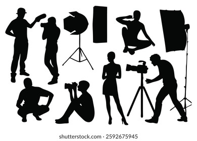 
Photo studio silhouettes set isolated flat vector illustration on white background.
