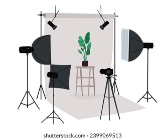 Photo studio with special lighting equipment. Camera at tripod. Professional photographic tools. Spotlights and flash umbrellas. Plant in flowerpot. Snapshot backdrop