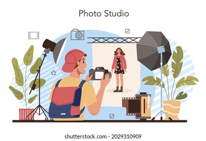 Fotostudio. Schüler, die lernen, Fotos zu machen, Lichteinstellungen und Fotobearbeitung. Künstlerisches Hobby und Fotografie-Schule Club oder Kurs. Einzelne flache Vektorgrafik