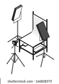 A Photo Studio Table-top Product Photography Set Up With A Backdrop, Flood Lights, And A Camera.