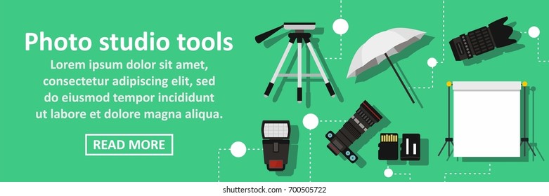Photo studio tools banner horizontal concept. Flat illustration of photo studio tools banner horizontal vector concept for web