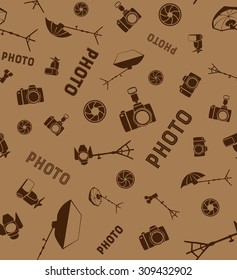 Photo studio tools seamless patternPhoto studio light equipment and camera seamless pattern brown