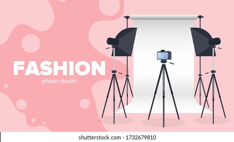 Photo Studio Vector. Blank white canvas background on tripods. Camera on a tripod, softbox. Professional photo studio.