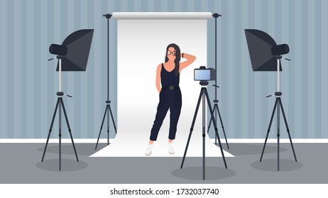 Photo Studio Vector. Girl posing to the camera. White canvas background on tripods. Camera on a tripod, softbox. Professional photo studio.