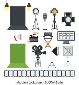 Photo studio and video porodaction studio objects icons. Equipment for production of films and advertising, cinema. Flat vector cartoon illustration. Objects isolated on a white background.