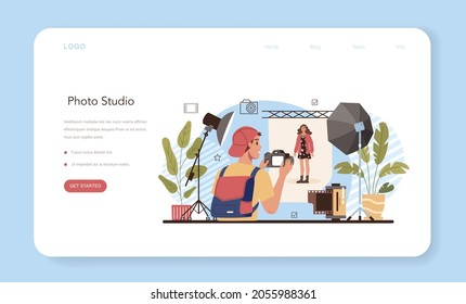 Photo studio web banner or landing page. Students lerning to take photos, light setting and photo editing. Artistic hobby and photography school club or course. Isolated flat vector illustration