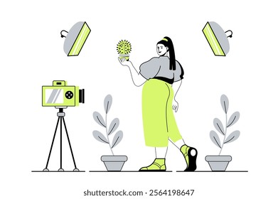 Photo studio web concept with flat cartoon people for website design. Woman model posing for shoots in professional studio with lighting lamps, photographer making shot session. Vector illustration.