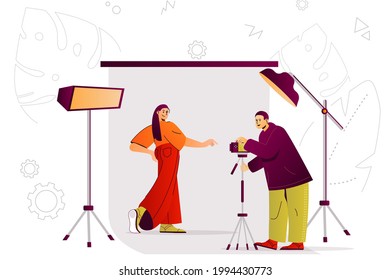 Photo studio web concept. Photographer makes photo session of posing model. People scene with flat line characters design for website. Vector illustration for social media promotional materials