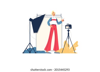 Photo studio web concept. Photographer takes photographs in room with special lighting and equipment. Model posing at studio, minimal people scene. Vector illustration in flat design for website