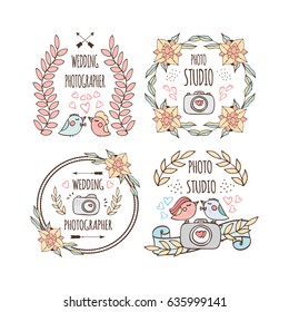 Photo studio and wedding photographer logo design in doodle style. Vector illustration