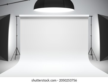 Photo studio white backdrop lit with side and head softboxes. Professional photo shooting setup with studio lights, realistic vector illustration. Studio photography scene mockup.