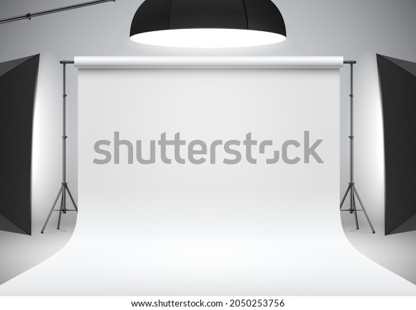 Photo studio white backdrop lit with side and
head softboxes. Professional photo shooting setup with studio
lights, realistic vector illustration. Studio photography scene
mockup.