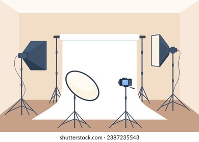 Photo studio with white blank background, soft box light, camera, spotlight. Professional equipment for photo and video shooting. Vector illustration