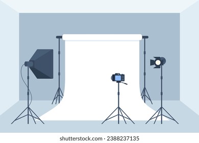Estudio fotográfico con fondo blanco en blanco, luz de caja suave, cámara, foco. Equipo profesional para la toma de fotos y vídeo. Ilustración del vector