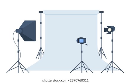 Estudio fotográfico con fondo blanco en blanco, luz de caja suave, cámara, foco. Equipo profesional para la toma de fotos y vídeo. Ilustración del vector