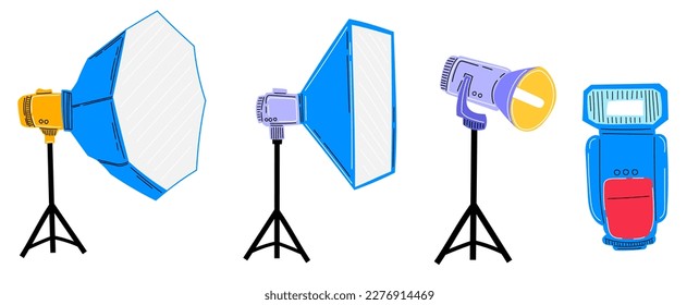 Equipo fotográfico para rayos de estuco. Diferente tipo de luz para la fotografía. Equipo para fotógrafos.  Softbox, linterna, ilustración vectorial dibujada a mano. Aislado 