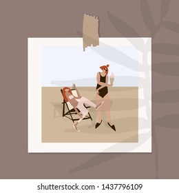 Photo from the summer holiday girlfriends on the beach by the sea. Woman sunbathes in a swimsuit. 