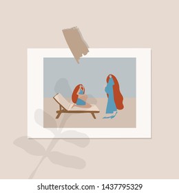 Photo from the summer vacation of a pregnant girl on the beach by the sea. Woman sunbathes in a swimsuit. Card attached to the wall on which the shadow of the plant falls