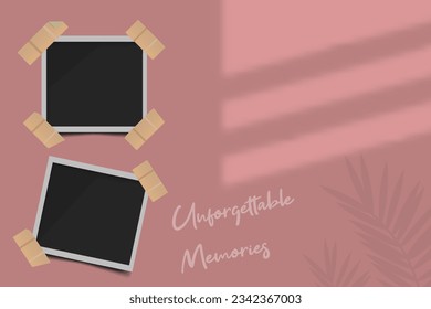 Photo template with tape on a pink wall. Realistic photo frame mockup. Photography shadow overlay background