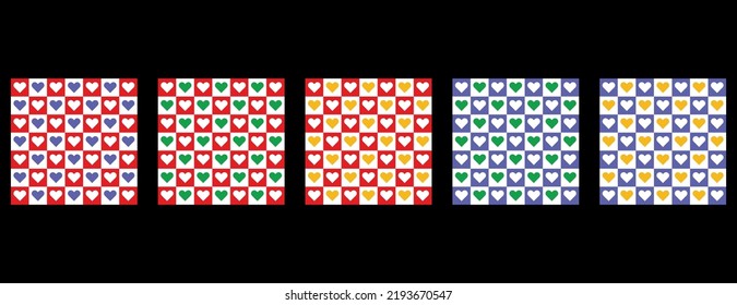 In the photo, there is a red, white and blue square background with white, blue, green and yellow hearts.