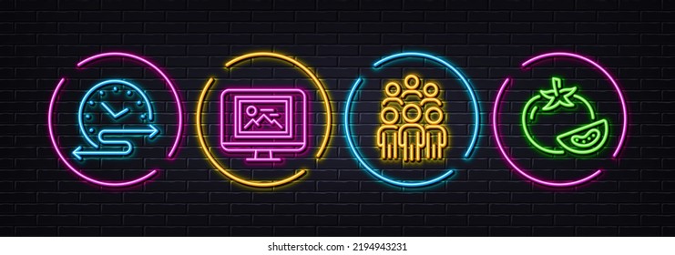 Photo thumbnail, Group people and Time schedule minimal line icons. Neon laser 3d lights. Tomato icons. For web, application, printing. Image monitor, Business meeting, Timetable. Vector