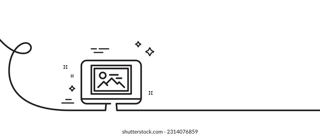 Photo thumbnail line icon. Continuous one line with curl. Monitor with Image sign. Picture placeholder symbol. Photo thumbnail single outline ribbon. Loop curve pattern. Vector