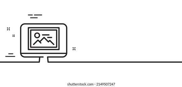 Photo thumbnail line icon. Monitor with Image sign. Picture placeholder symbol. Minimal line illustration background. Photo thumbnail line icon pattern banner. White web template concept. Vector