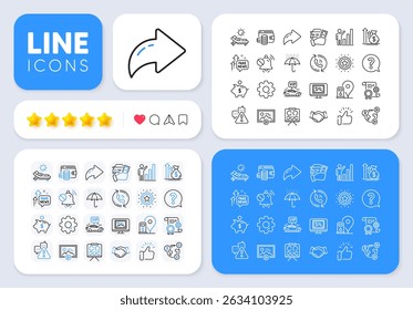 Photo thumbnail, Mute sound and Question mark line icons for web app. Message, Share, Like social media icons. Pack of Start presentation, Vision board, Warning pictogram icons. Vector