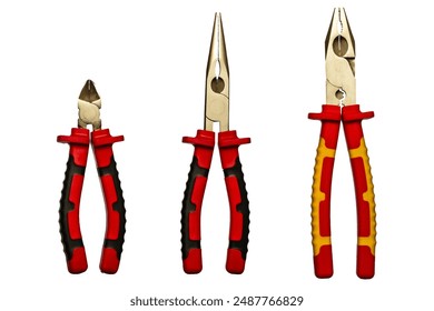 Photo of tools with a cut-out background (transparent background). Tools: side cutters, long pliers, combination pliers