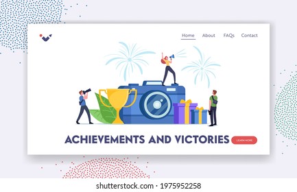 Photo Tournament Landing Page Template. Tiny Female Character with Loudspeaker Stand on Huge Camera Announce Photography Competition or Photo Contest Concept. Cartoon People Vector Illustration