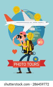 Visitas fotográficas vectorial creativo afiche detallado o plantilla de banner web con el personaje del fotógrafo tomando fotos, avión jet y globo con pines de ubicación