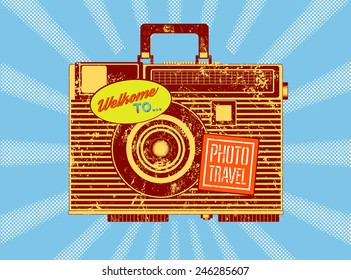 Photo travel. Vintage camera-suitcase. Retro grunge style poster. Vector illustration.