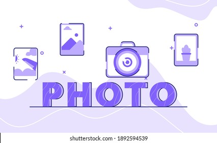 photo typography word art background of icon image picture camera with outline style