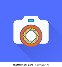 Photo vector icon with long shadow. Illustration isolated on blue background for graphic and web design.
