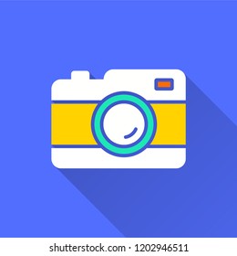 Photo vector icon with long shadow. Illustration isolated on blue background for graphic and web design.