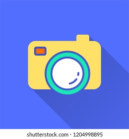 Photo vector icon with long shadow. Illustration isolated on blue background for graphic and web design.