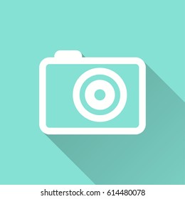 Photo vector icon with long shadow. White illustration isolated on green background for graphic and web design.