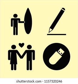 photo vector icons set. with flash driver, surfer with board, man woman love and pencil in set