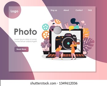 Photo vector website template, web page and landing page design for website and mobile site development. Photographer taking pfoto of model, photo session.