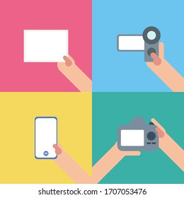 Photo, Video camera, DSLR camera, phone mockup, Flat design.
