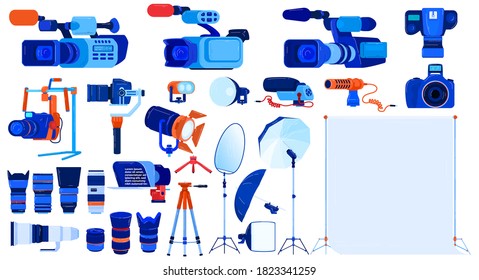 Photo video camera equipment vector illustration set. Cartoon flat professional photographer cameraman collection for studio shooting or filming, videography photography modern tools isolated on white