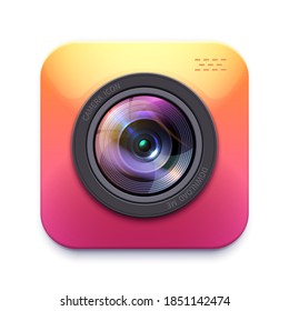 Photo or video camera icon, isolated vector photographer equipment design element, graphic digital sign or button with 3d lens flare for web content. Zoom. snapshot, photocamera symbol label or emblem