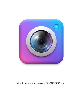 Photo and video camera icon of web and mobile app button. Digital camera lens with flash 3d square vector symbol of ui or gui widget and multimedia application service element