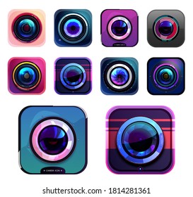 Photo and video camera icons, isolated vector photographer equipment graphic design elements, digital signs, buttons with lens flare. Label or emblems for web content, snapshot, photocamera symbol set