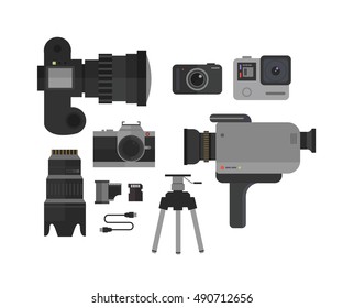 Photo and video camera, icons set  in flat style.Photographer kit vector illustration.