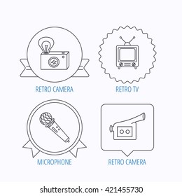 Photo, video camera and microphone icons. Vintage TV linear sign. Award medal, star label and speech bubble designs. Vector