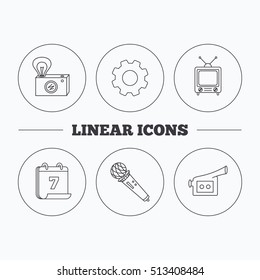 Photo, video camera and microphone icons. Vintage TV linear sign. Flat cogwheel and calendar symbols. Linear icons in circle buttons. Vector